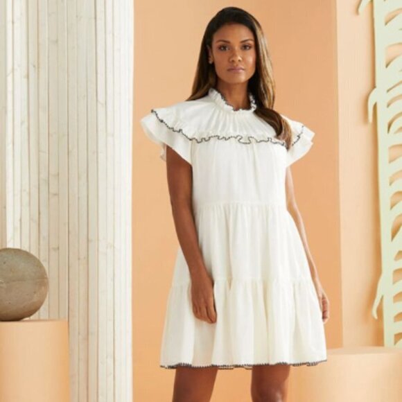 Marie Oliver Aubrey Ruffle Flutter Sleeve Mini Dress in White with Black Trim - Picture 1 of 4